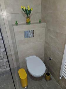 a bathroom with a toilet and a vase of flowers at Slatkiš Sweet in Banja Koviljača +12 photos