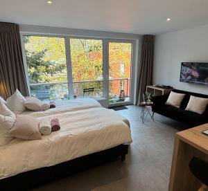 a bedroom with a large bed and a large window at Studio de l'Avenue in Spa