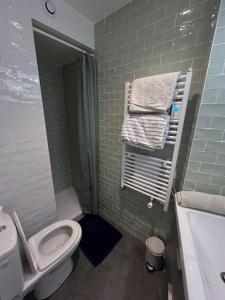 ein Bad mit einem WC, einer Dusche und Handtüchern in der Unterkunft Studio agréable & charmant + WI-FI in Neuilly-sur-Seine