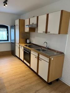 a kitchen with a sink and a stove top oven at Apartments zum Wildgehege in Siegen