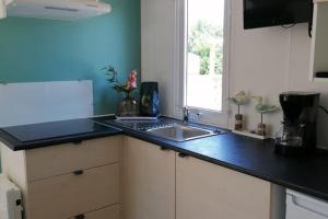 a kitchen counter with a sink and a window at Comfortable chalet with microwave on a holiday park 1 km from the beach in Koudekerke