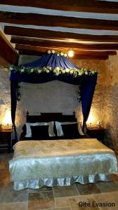 1 dormitorio con 1 cama grande con dosel azul en Évasion ACCES PMR en Les Roches-lʼÉvêque
