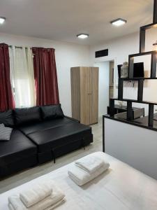 a living room with a black bed and a shelf at Cozy studio for 4 pax in Gran Via - M1 in Madrid