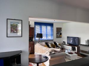 Una sala de estar con un sofá y una chimenea. en LES FERMES DE PINPIN - LE PAVILLON, en Labaroche