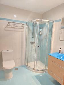 uma casa de banho com um chuveiro, um WC e um lavatório. em Pensión Pedrouzo em O Pedrouzo