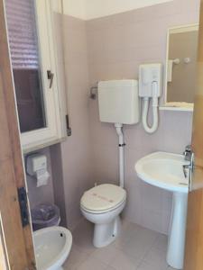 uma pequena casa de banho com WC e lavatório em hotel Plaza em Cesenatico