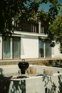uma grelha sentada em cima de uma lareira em frente a um edifício em Pura - Home in Nature em Oliveira do Hospital