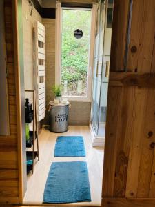 un couloir avec des tapis bleus au sol et une fenêtre dans l'établissement Woody Lodge - Duplex Nature Bonsoy Ardennes, à Hastière-par-delà