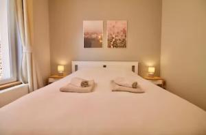 ブリュッセルにあるHeart of Grand Place - Stunning 2BR Duplexのベッドルーム1室(白いベッド1台、枕2つ付)