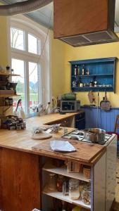 Vierländer Hippiehof في هامبورغ: مطبخ مع كونتر خشبي في الغرفة