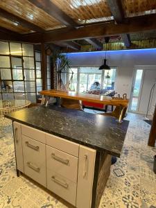 a kitchen with a counter top and a table at Buri`s Seenlandhaus in Hoyerswerda