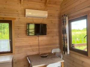 TV a/nebo společenská místnost v ubytování Domki caloroczne z antresola Przytulisko na Mazurach