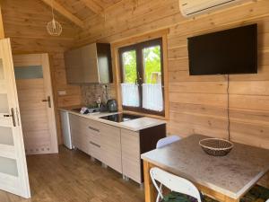 a kitchen with a sink and a television in a cabin at Domki caloroczne Przytulisko na Mazurach in Ruciane-Nida