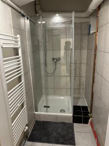 a shower with a glass door in a bathroom at Ferienwohnung Kreuzberg in Berlin