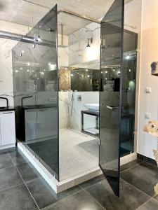 a glass shower in a bathroom with a sink at Comfortable apartments in the city center, near the theater and Zlata Plaza in Rivne