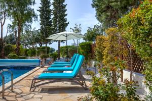 uma fila de espreguiçadeiras azuis ao lado de uma piscina em 2 bedroom Villa Loukia with private pool and gardens, Aphrodite Hills Resort em Kouklia
