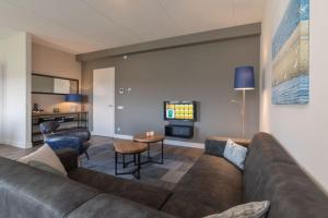 - un salon avec un canapé et une télévision dans l'établissement Design apartment in Zeeland with its own wellness, à Colijnsplaat