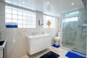 een badkamer met een douche, een wastafel en een toilet bij Suite Saphir - Paris à 10 min - tout équipé - salle de jeux in Deuil-la-Barre