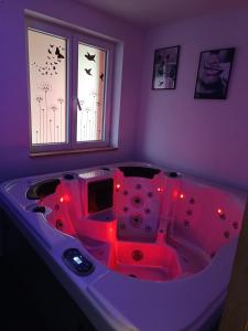 bañera rosa con luces rojas en una habitación en L'immortel spa 2 en Cauchy-à-la-Tour