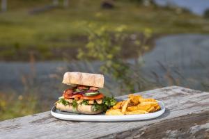a sandwich and french fries on a plate on a table at Rauland Feriesenter in Rauland