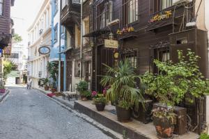 a cobblestone street in a city with potted plants at Naz Wooden House Inn in Istanbul