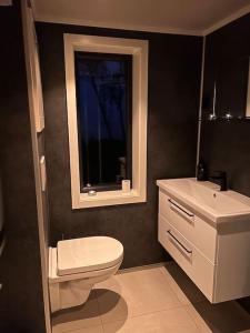 ein Bad mit einem WC, einem Waschbecken und einem Fenster in der Unterkunft Stabbur med fantastisk utsikt! in Steinkjer