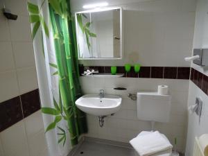 W łazience znajduje się umywalka, toaleta i lustro. w obiekcie Chill Out Apartment Bergblick w mieście Hahnenklee-Bockswiese