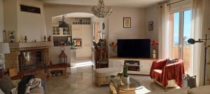 uma sala de estar com lareira e televisão em L'Olivier em Sainte-Agnès