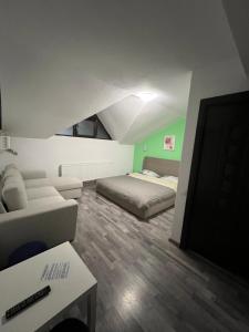 ein Wohnzimmer mit einem Bett und einem Sofa in der Unterkunft PENSIUNEA LUI CALIN in Ocnele Mari