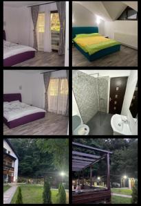 un collage de cuatro fotos de un dormitorio en PENSIUNEA LUI CALIN, en Ocnele Mari