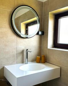 een badkamer met een witte wastafel en een spiegel bij Apartments Hiper in Matulji