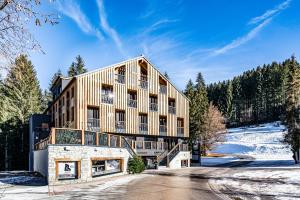 un grande edificio in legno nella neve di ALMMONTE PRÄCLARUM SUITES Design Hotel a Wagrain