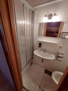 uma casa de banho com um lavatório, um WC e um espelho. em Gasthof zur Post em Taxenbach
