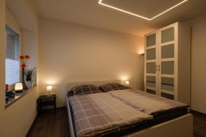 une chambre avec un lit avec deux lumières dessus dans l'établissement Ulmer Stadtwohnung, à Ulm