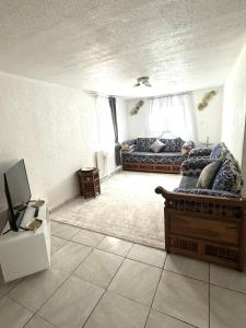 ein Wohnzimmer mit 2 Betten und einem TV in der Unterkunft T2 La roseraie in Chambéry