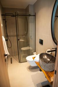 a bathroom with a sink and a toilet and a shower at Hotel 1920 in Podgorica