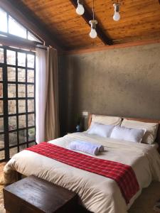 a bedroom with a large bed with a red blanket at Mashambani Cottages in Nyahururu
