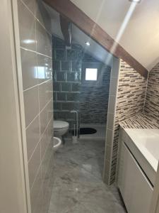 ein Bad mit einer Dusche und einem WC in einem Zimmer in der Unterkunft House at Beach in Esmoriz