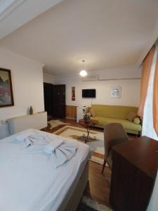 Jasmin Apart Otel في غوجيك: غرفه فندقيه بسرير واريكه