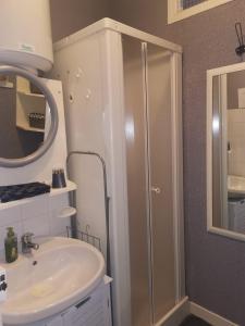 a bathroom with a shower and a sink at Appartement avec Balcon au 1er étage Vue latérale Mer à 50 mètres de la plage à Mers les Bains. in Mers-les-Bains