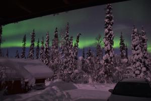 an image of the northern lights in the sky at Verträumtes Blockhaus mitten im Wald in Rauhala