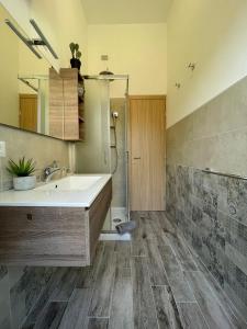 uma casa de banho com um lavatório e um chuveiro em Levante Blu em La Spezia