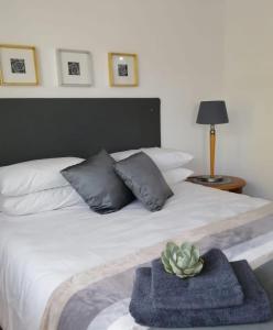 una camera da letto con un letto bianco e un cactus di @946 a Pretoria
