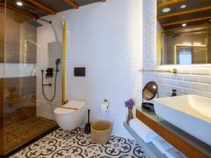 a bathroom with a shower and a toilet and a sink at Maison Vourla Hotel in Urla