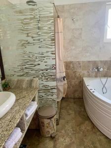 a bathroom with a bath tub and a sink at Pensiunea Milexim in Cîmpia Turzii