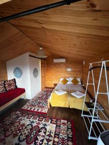 een kamer met 2 bedden in een houten kamer bij Serenity Retreats Maciuca 