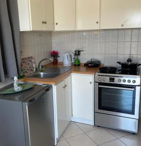 a kitchen with a sink and a stove at Secret Oasis Aptms room 2 in Larisa