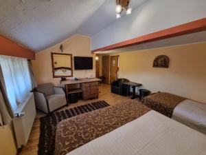 a hotel room with two beds and a television at Pensiunea Milexim in Câmpia Turzii