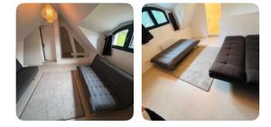 duas fotografias de uma sala de estar com um sofá em Maison proche du lac d’Enghien les bains em Saint-Gratien