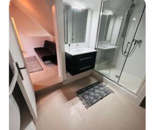 La salle de bains est pourvue d'une douche en verre et d'un lavabo. dans l'établissement Maison proche du lac d’Enghien les bains, à Saint-Gratien